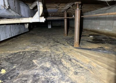 Photo of crawl space in Florence, AL showing standing water in various places and fungus growth & mold.